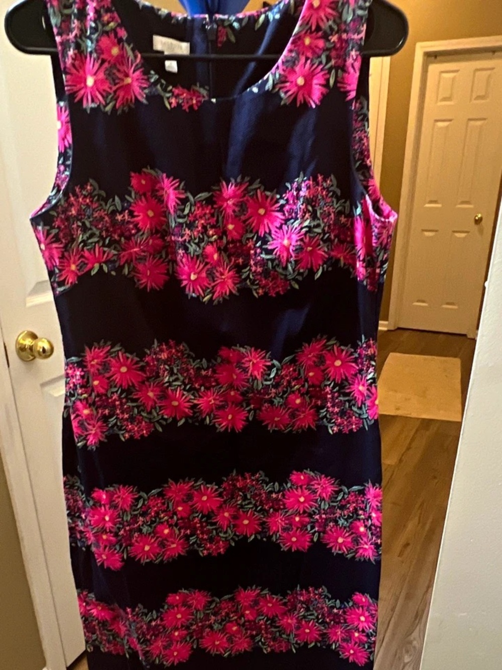 Talbots Navy Sheath Dress with Hot Pink Floral Bands